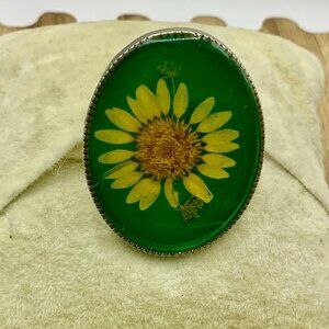 Sunflower Art Deco Floral Silver Tone Ring Size 6